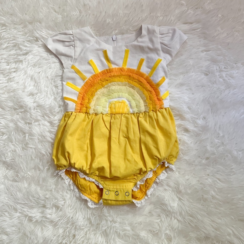 Girl August sunshine rainbow romper. 12mths NWOT